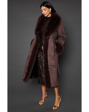 Wallis Belted Faux Fur Suedette Coat - Black