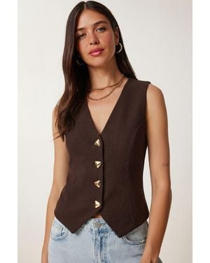 Happiness İstanbul Fitted Crepe Waistcoat With Buttons - Black
