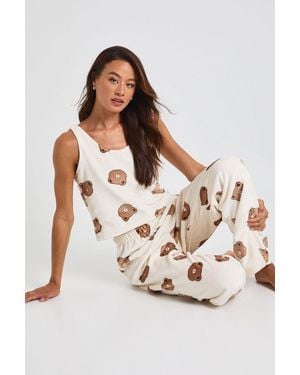 Boohoo Tall Bear Print Fleece Cami Top & Wide Leg Trousers Lounge Set - Pink