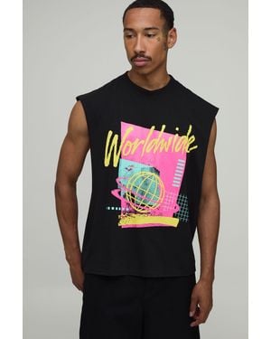 BoohooMAN Oversized Boxy Worldwide Print Tank Cotton - Black
