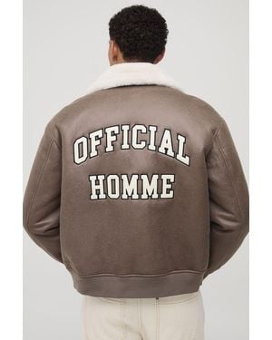 BoohooMAN Oversized Washed Pu Borg Collared Bomber Jacket - Grey