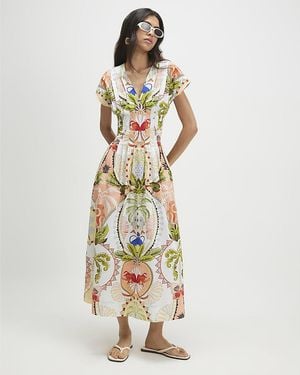 River Island Midi Dress Print Pleated Poplin V-Neck Cotton - Metallic