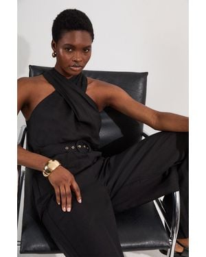 Karen Millen Linen Viscose Cross Front Woven Belted Jumpsuit - Black