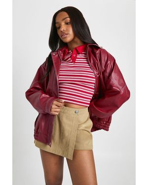 Boohoo Faux Leather Contrast Stitch Bomber Jacket - Red