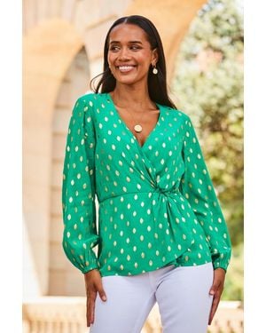 Sosandar Metallic Fleck Print Blouson Sleeve Knot Front Top - Green