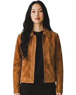Infinity Leather Suede Bomber Blouson Varsity Jacket - Brown