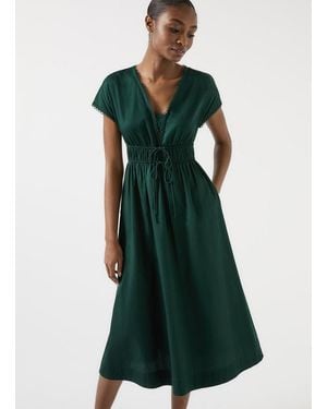 LK Bennett Emi Pine Grove Cotton Scallop Trim Cotton Tie Detail Dress - Green