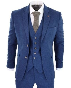 Infinity Leather 3 Piece Tweed Wool Twill Vintage Classic Suit - Blue