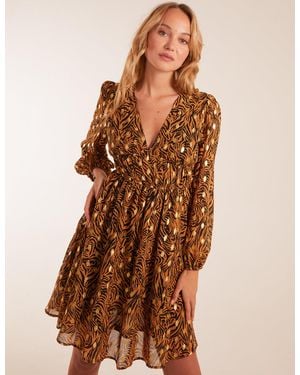Blue Vanilla Shirred Waist Leopard Foil Wrap Front Mini Dress - Brown