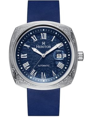 Heritor Davenport Engraved-Case Leather-Band Watch W/ Date - Blue