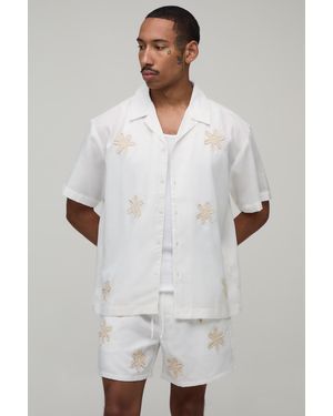 BoohooMAN Oversized Crotchet Applique Shirt And Short Set - Grey