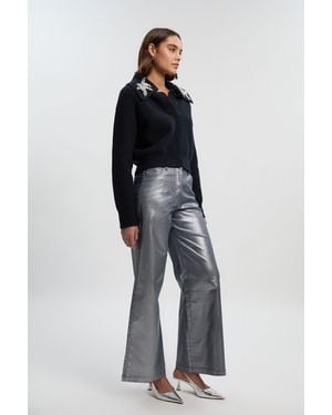 Karen Millen Metallic Coated Denim Wide Leg Jean - Blue