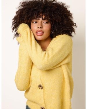 Blue Vanilla Tone Flower Embossed Button Cardigan - Yellow