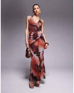ASOS Mesh Plunge Neckline Maxi Dress With Wrap Sash Detail - Orange