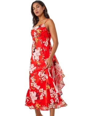 Roman Floral Cowl Neck Chiffon Dress - Red