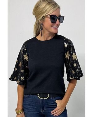 Azura Exchange Star Sequin Splicing Half Sleeve Top Viscose - Black
