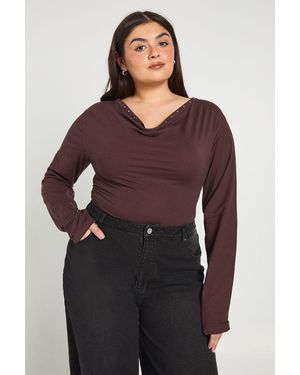 Boohoo Plus Stud Detail Cowl Neck Long Sleeve Top - Purple