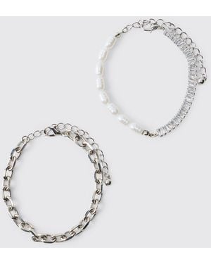 BoohooMAN 2 Pack Layered Chain Bracelets - White