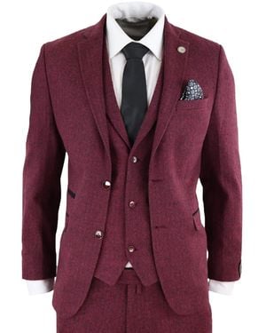TruClothing 3 Piece Herringbone Wool Tweed Retro Suit Velvet - Red