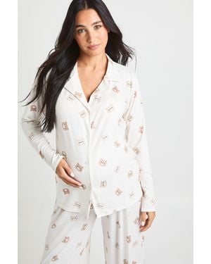 Boohoo Maternity Bear Print Shirt & Trouser Pyjama Set - White