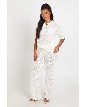 Boohoo Crochet Long Line Top And Wide Leg Trouser - White