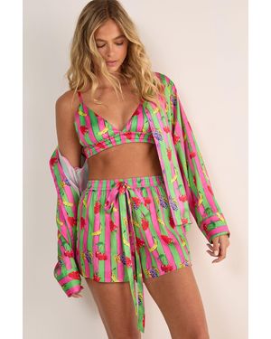 Nasty Gal Satin Fruit Stripe Oversized Shirt And Bralet Shorts Pyjama Set - Red