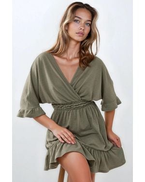 Hiccup Textured V-Neck Mini Dress - Green