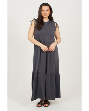Brave Soul Curve Cotton Ruched Shoulder Tiered Maxi Dress - Blue