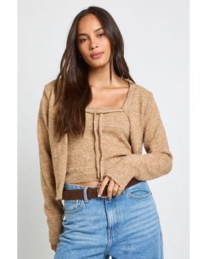 Boohoo Knitted Tie Front Cardigan And Cami Top Set - Blue