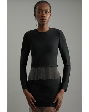 Karen Millen Figure Form Bandage Knit Scallop Tassel Top - Black
