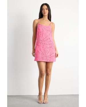 Warehouse Beaded Embroidered Slip Mini Dress - Pink
