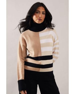 Wallis Striped Colourblock Roll Neck Jumper - Black