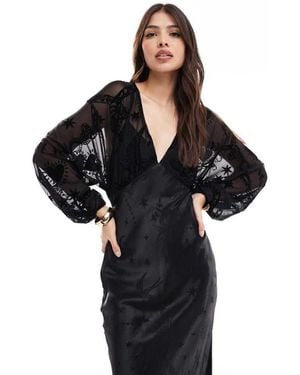 Never Fully Dressed Sheer Sleeve Contrast Satin Maxi Dress - Black