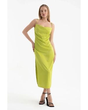 Hiccup Satin Cowl Neck Strappy Slit Maxi Dress - Green