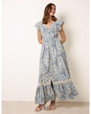 Blue Vanilla Ditsy Floral Print Shirred Waist Button Front Maxi Dress - White