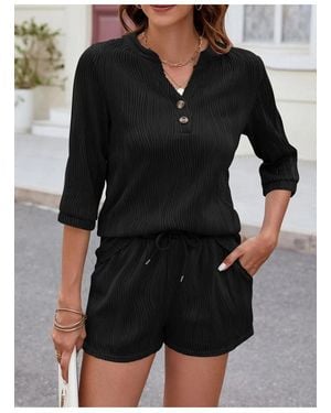 Everyday the Label Textured Notched Top And Drawstring Shorts Set - Black
