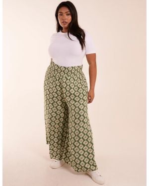 Blue Vanilla Curve Shirred Wide Leg Aztec Trouser - Green