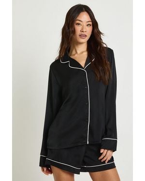 Boohoo Tall Satin Piping Detail Long Sleeve Shirt & Shorts Pyjama Set - Black