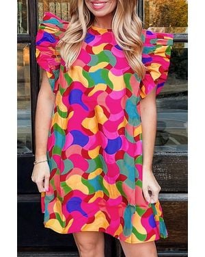 Everyday the Label Rose Abstract Print Ruffle Sleeve Shift Dress - Pink