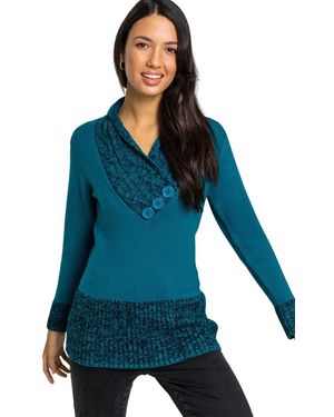 Roman V-Neck Overlap Button Detail Longline Jumper - Blue