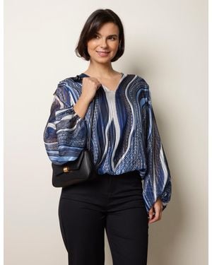 Blue Vanilla Swirl And Dot Print V Neck Metallic Blouse - Blue