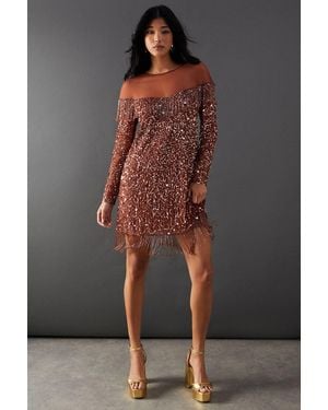 Warehouse Hand Embellished Fringe Yoke Mini Dress - Grey