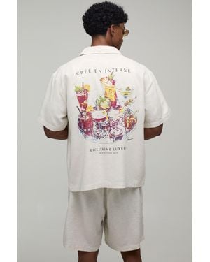 BoohooMAN Printed Linen Look Regular Fit Shirt & Short Set - Grey