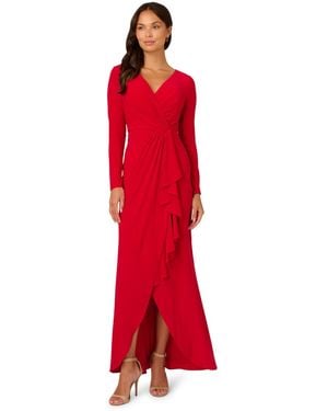 Adrianna Papell Jersey Draped Long Sleeve Gown - Red