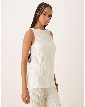 Vila Plisse Slash Neck Sleeveless Top Co-Ord - Natural