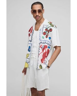 BoohooMAN Oversized Linen Blend Conversational Printed Shirt & Short Set - White
