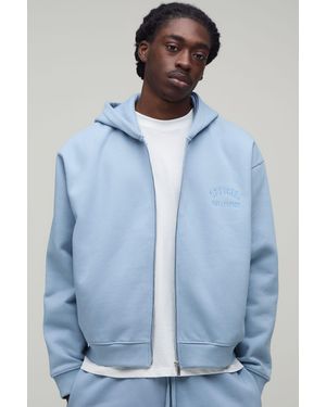 BoohooMAN Heavyweight Embroidered Cropped Boxy Zip Through Hoodie - Blue