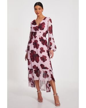 Quiz Floral Dip Hem Midi Dress - Red