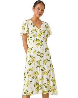 Roman Petite Lemon Print Button Tea Dress - Metallic