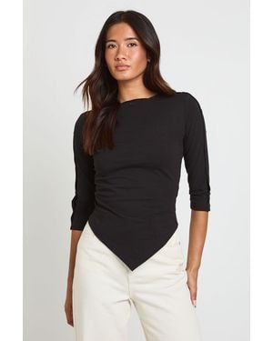 Boohoo Heavy Cotton Button Detail 3/4 Sleeve Top - Black